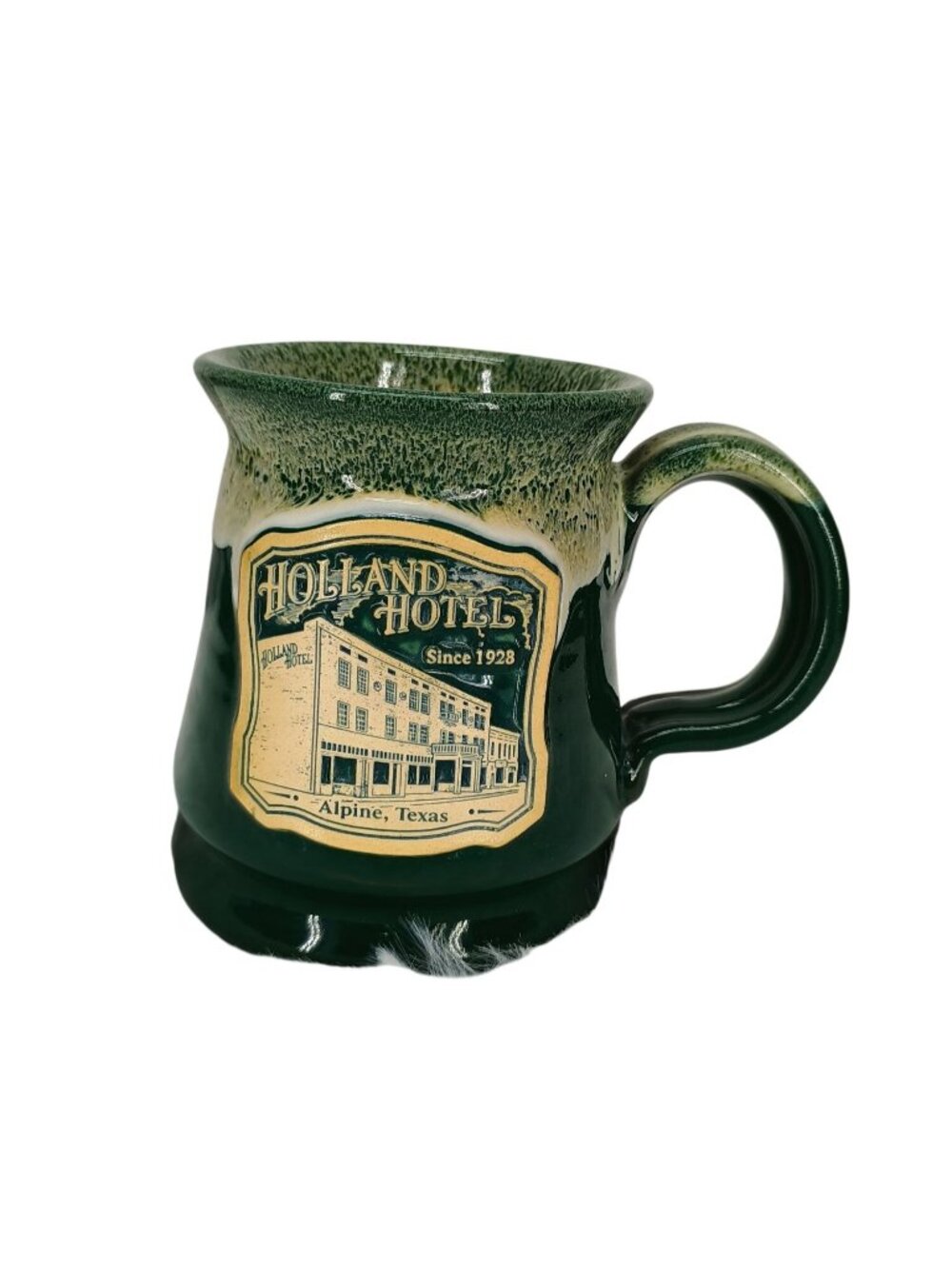 Holland‎ Hotel Alpine Texas Ceramic Mug Green & Beige Drip Glaze - Vintage Style